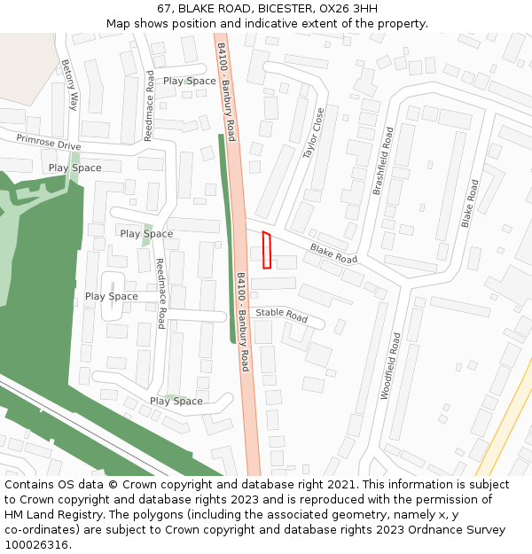 67, BLAKE ROAD, BICESTER, OX26 3HH: Location map and indicative extent of plot