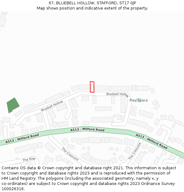 67, BLUEBELL HOLLOW, STAFFORD, ST17 0JP: Location map and indicative extent of plot