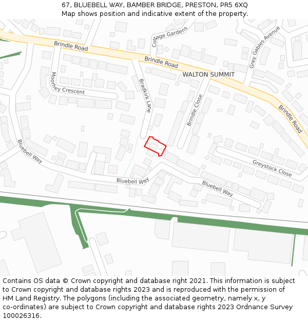 67, BLUEBELL WAY, BAMBER BRIDGE, PRESTON, PR5 6XQ: Location map and indicative extent of plot