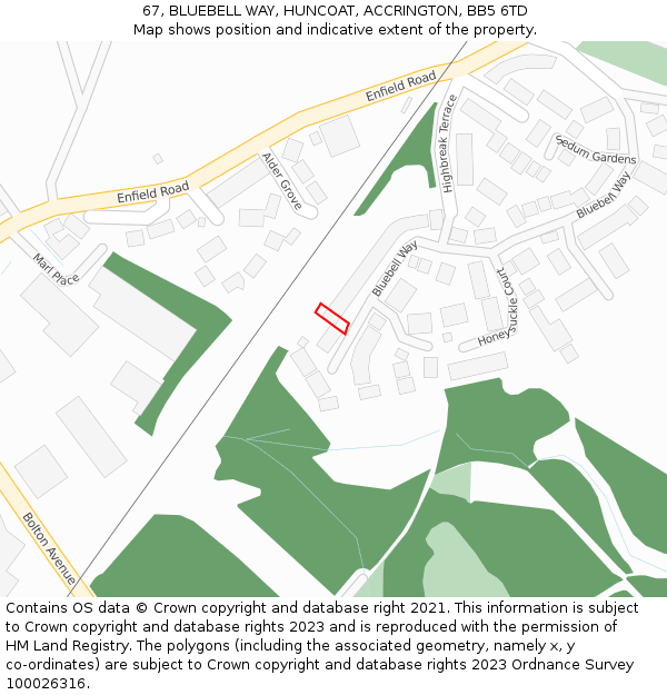 67, BLUEBELL WAY, HUNCOAT, ACCRINGTON, BB5 6TD: Location map and indicative extent of plot