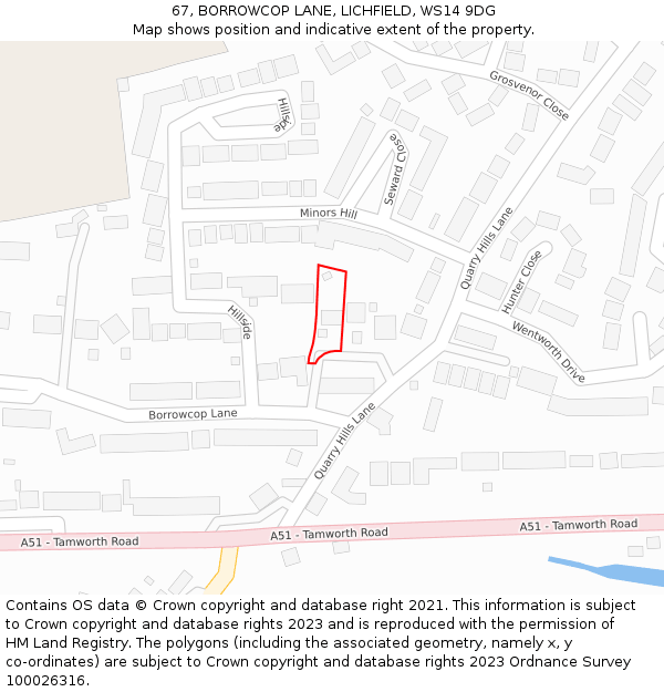 67, BORROWCOP LANE, LICHFIELD, WS14 9DG: Location map and indicative extent of plot