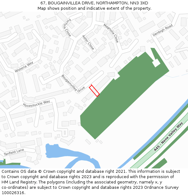 67, BOUGAINVILLEA DRIVE, NORTHAMPTON, NN3 3XD: Location map and indicative extent of plot