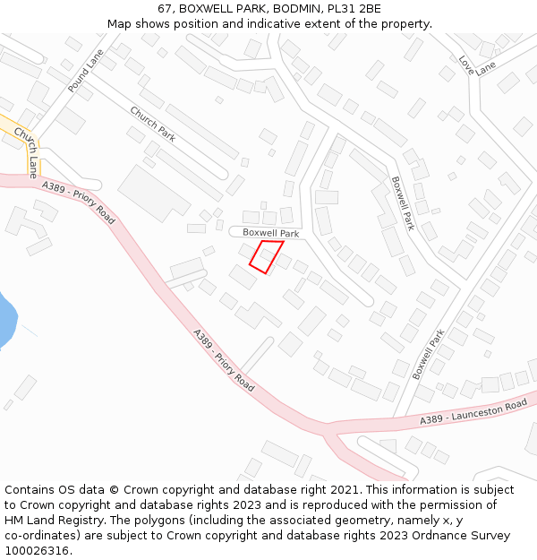 67, BOXWELL PARK, BODMIN, PL31 2BE: Location map and indicative extent of plot