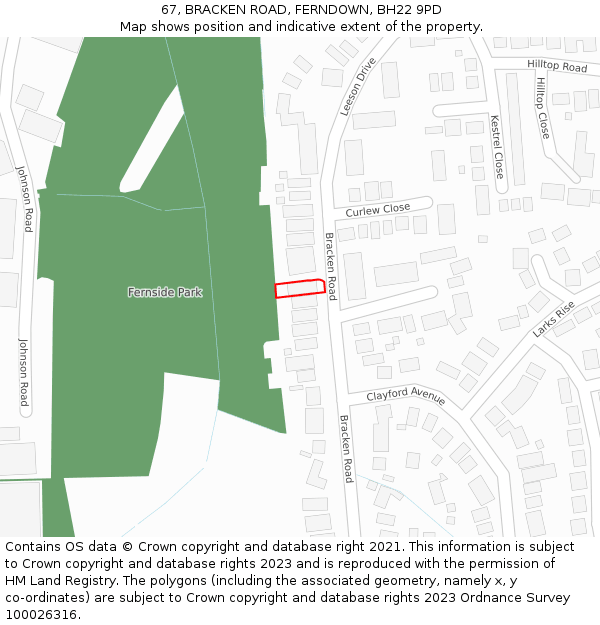 67, BRACKEN ROAD, FERNDOWN, BH22 9PD: Location map and indicative extent of plot