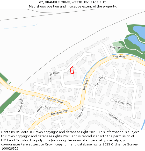 67, BRAMBLE DRIVE, WESTBURY, BA13 3UZ: Location map and indicative extent of plot