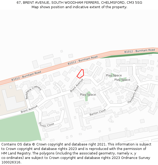 67, BRENT AVENUE, SOUTH WOODHAM FERRERS, CHELMSFORD, CM3 5SG: Location map and indicative extent of plot