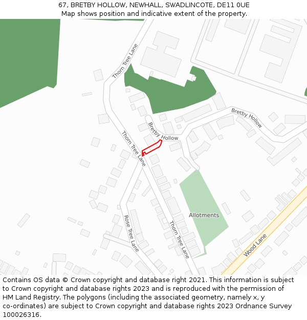 67, BRETBY HOLLOW, NEWHALL, SWADLINCOTE, DE11 0UE: Location map and indicative extent of plot