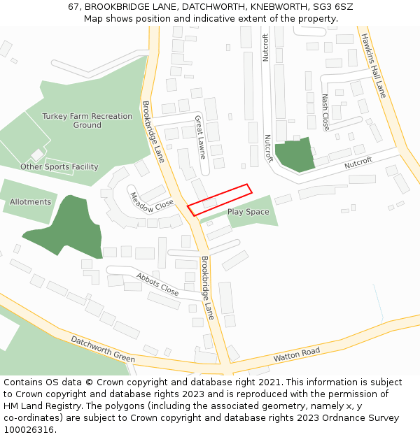 67, BROOKBRIDGE LANE, DATCHWORTH, KNEBWORTH, SG3 6SZ: Location map and indicative extent of plot