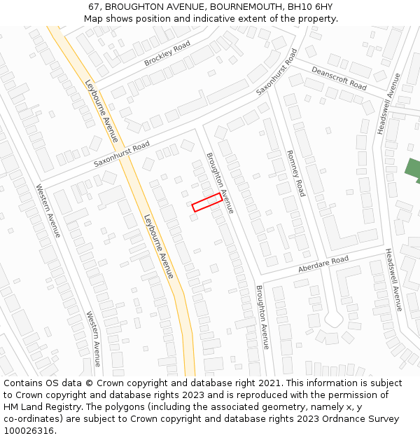 67, BROUGHTON AVENUE, BOURNEMOUTH, BH10 6HY: Location map and indicative extent of plot