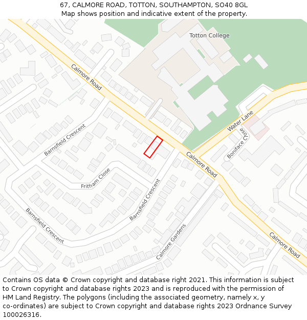 67, CALMORE ROAD, TOTTON, SOUTHAMPTON, SO40 8GL: Location map and indicative extent of plot