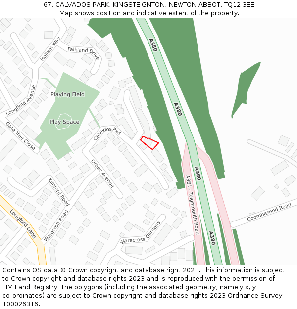 67, CALVADOS PARK, KINGSTEIGNTON, NEWTON ABBOT, TQ12 3EE: Location map and indicative extent of plot