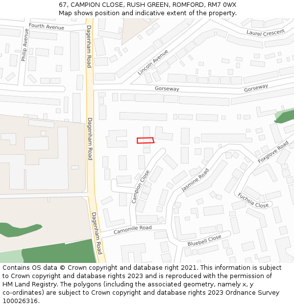 67, CAMPION CLOSE, RUSH GREEN, ROMFORD, RM7 0WX: Location map and indicative extent of plot