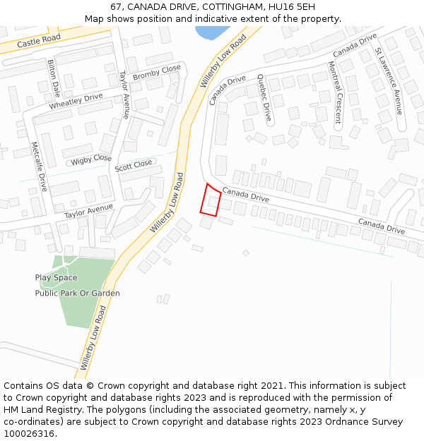 67, CANADA DRIVE, COTTINGHAM, HU16 5EH: Location map and indicative extent of plot