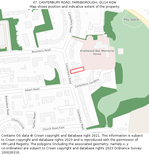 67, CANTERBURY ROAD, FARNBOROUGH, GU14 6QW: Location map and indicative extent of plot