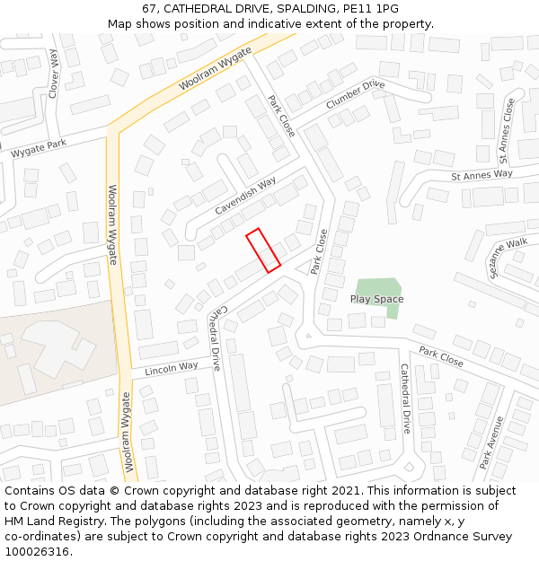 67, CATHEDRAL DRIVE, SPALDING, PE11 1PG: Location map and indicative extent of plot