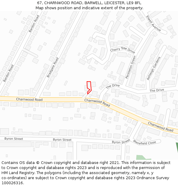 67, CHARNWOOD ROAD, BARWELL, LEICESTER, LE9 8FL: Location map and indicative extent of plot