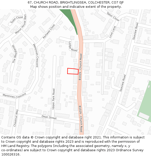 67, CHURCH ROAD, BRIGHTLINGSEA, COLCHESTER, CO7 0JF: Location map and indicative extent of plot