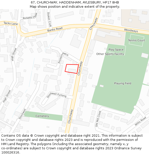 67, CHURCHWAY, HADDENHAM, AYLESBURY, HP17 8HB: Location map and indicative extent of plot