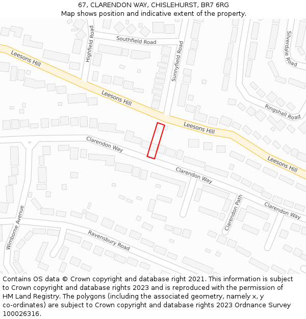 67, CLARENDON WAY, CHISLEHURST, BR7 6RG: Location map and indicative extent of plot