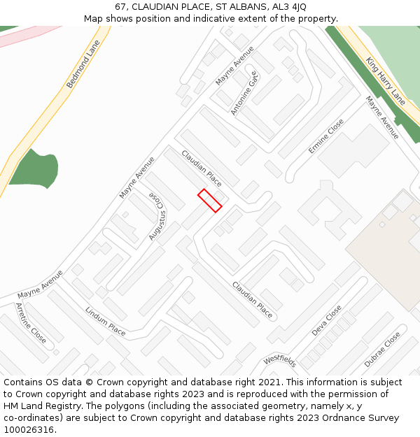 67, CLAUDIAN PLACE, ST ALBANS, AL3 4JQ: Location map and indicative extent of plot