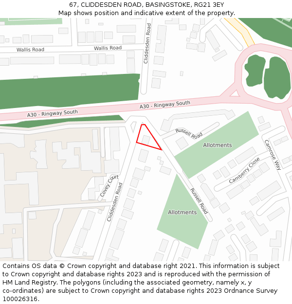 67, CLIDDESDEN ROAD, BASINGSTOKE, RG21 3EY: Location map and indicative extent of plot