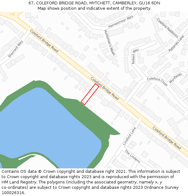 67, COLEFORD BRIDGE ROAD, MYTCHETT, CAMBERLEY, GU16 6DN: Location map and indicative extent of plot