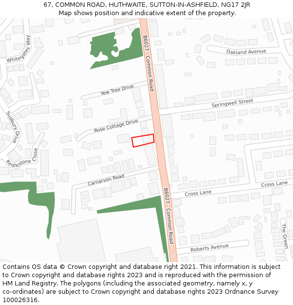 67, COMMON ROAD, HUTHWAITE, SUTTON-IN-ASHFIELD, NG17 2JR: Location map and indicative extent of plot