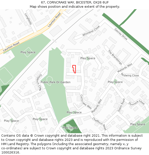 67, CORNCRAKE WAY, BICESTER, OX26 6UF: Location map and indicative extent of plot