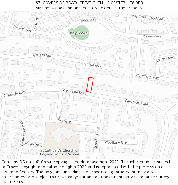 67, COVERSIDE ROAD, GREAT GLEN, LEICESTER, LE8 9EB: Location map and indicative extent of plot