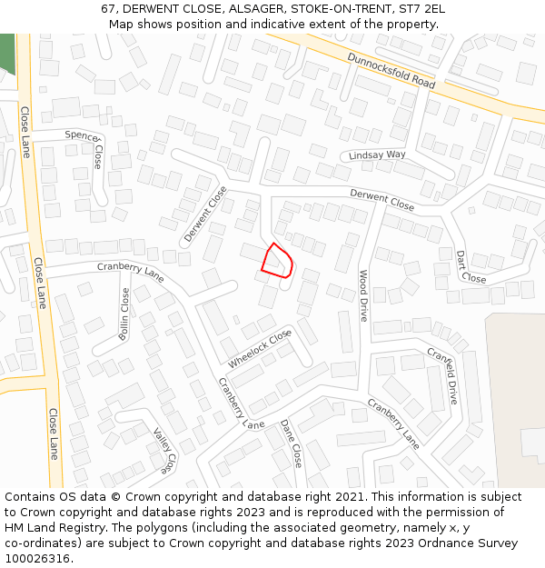 67, DERWENT CLOSE, ALSAGER, STOKE-ON-TRENT, ST7 2EL: Location map and indicative extent of plot