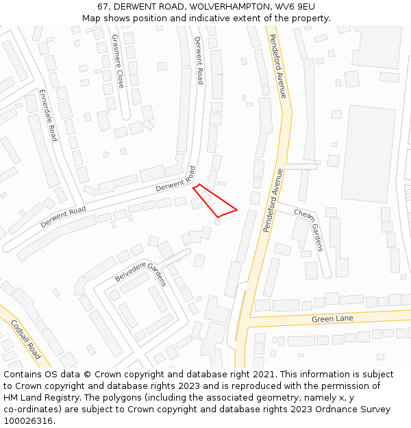 67, DERWENT ROAD, WOLVERHAMPTON, WV6 9EU: Location map and indicative extent of plot