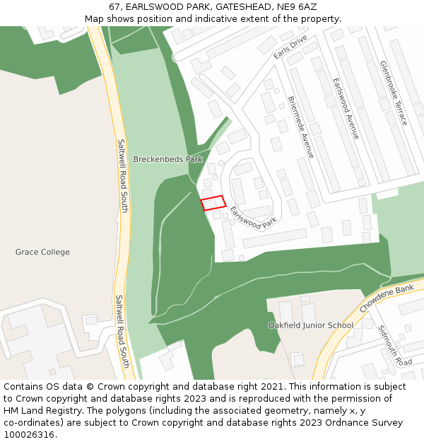 67, EARLSWOOD PARK, GATESHEAD, NE9 6AZ: Location map and indicative extent of plot