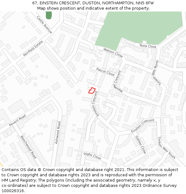 67, EINSTEIN CRESCENT, DUSTON, NORTHAMPTON, NN5 6FW: Location map and indicative extent of plot