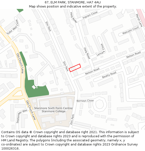 67, ELM PARK, STANMORE, HA7 4AU: Location map and indicative extent of plot