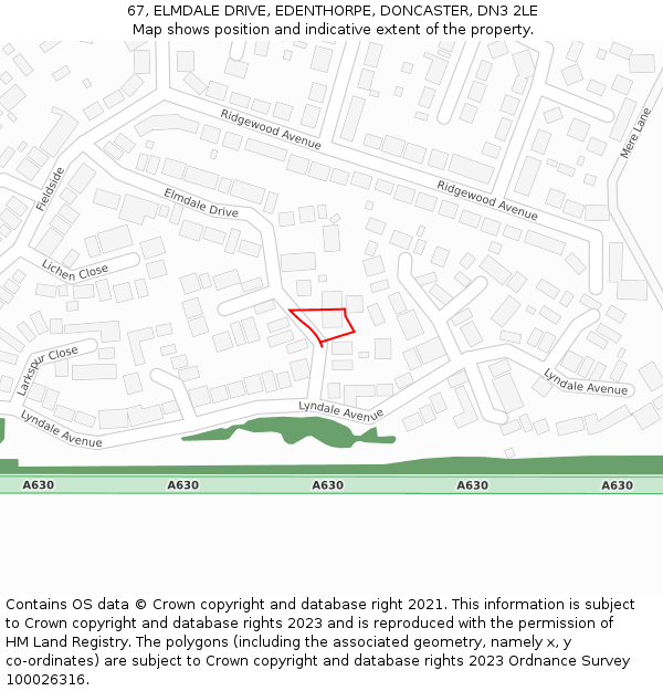 67, ELMDALE DRIVE, EDENTHORPE, DONCASTER, DN3 2LE: Location map and indicative extent of plot