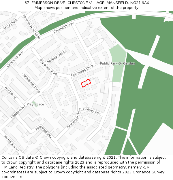 67, EMMERSON DRIVE, CLIPSTONE VILLAGE, MANSFIELD, NG21 9AX: Location map and indicative extent of plot