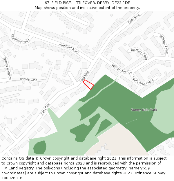 67, FIELD RISE, LITTLEOVER, DERBY, DE23 1DF: Location map and indicative extent of plot