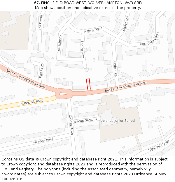 67, FINCHFIELD ROAD WEST, WOLVERHAMPTON, WV3 8BB: Location map and indicative extent of plot