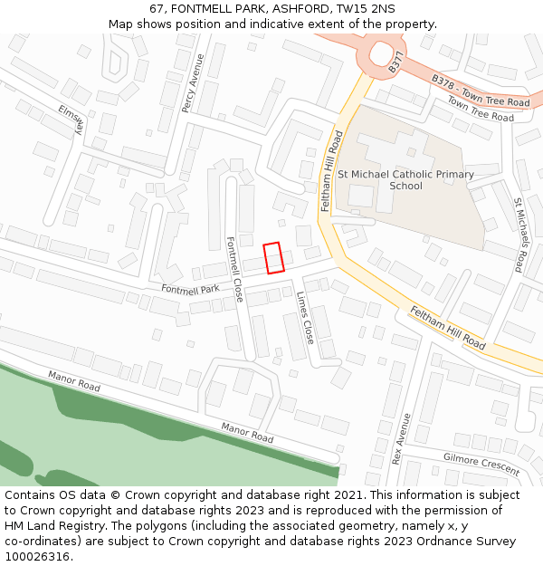 67, FONTMELL PARK, ASHFORD, TW15 2NS: Location map and indicative extent of plot