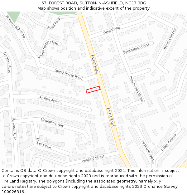 67, FOREST ROAD, SUTTON-IN-ASHFIELD, NG17 3BG: Location map and indicative extent of plot