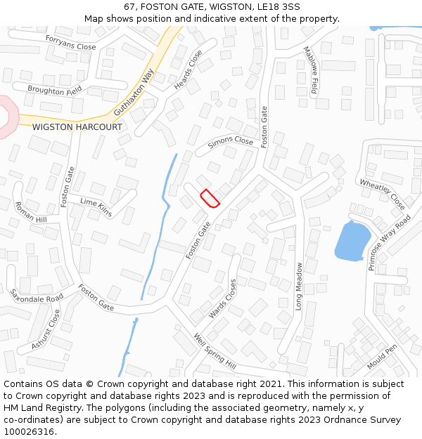 67, FOSTON GATE, WIGSTON, LE18 3SS: Location map and indicative extent of plot