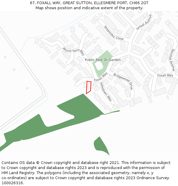 67, FOXALL WAY, GREAT SUTTON, ELLESMERE PORT, CH66 2GT: Location map and indicative extent of plot