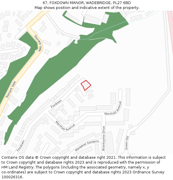 67, FOXDOWN MANOR, WADEBRIDGE, PL27 6BD: Location map and indicative extent of plot