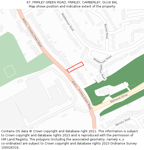 67, FRIMLEY GREEN ROAD, FRIMLEY, CAMBERLEY, GU16 8AL: Location map and indicative extent of plot