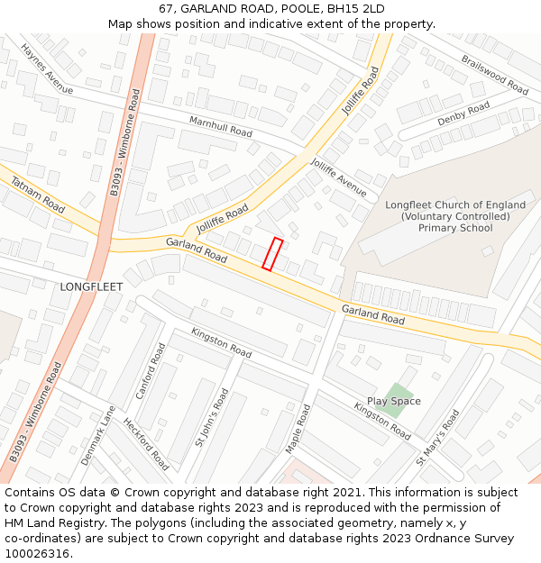 67, GARLAND ROAD, POOLE, BH15 2LD: Location map and indicative extent of plot