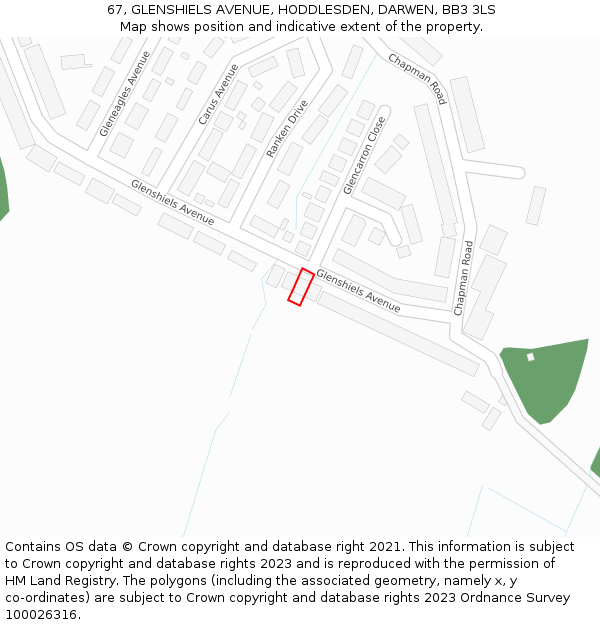 67, GLENSHIELS AVENUE, HODDLESDEN, DARWEN, BB3 3LS: Location map and indicative extent of plot