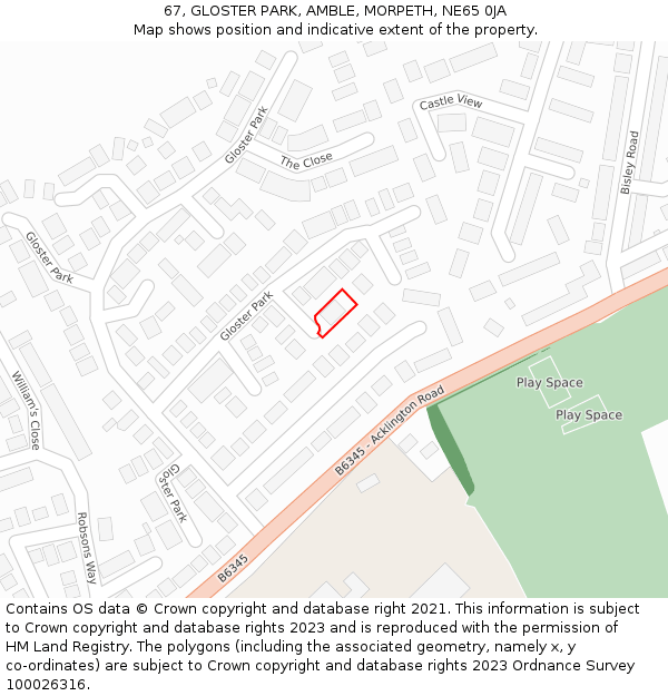 67, GLOSTER PARK, AMBLE, MORPETH, NE65 0JA: Location map and indicative extent of plot