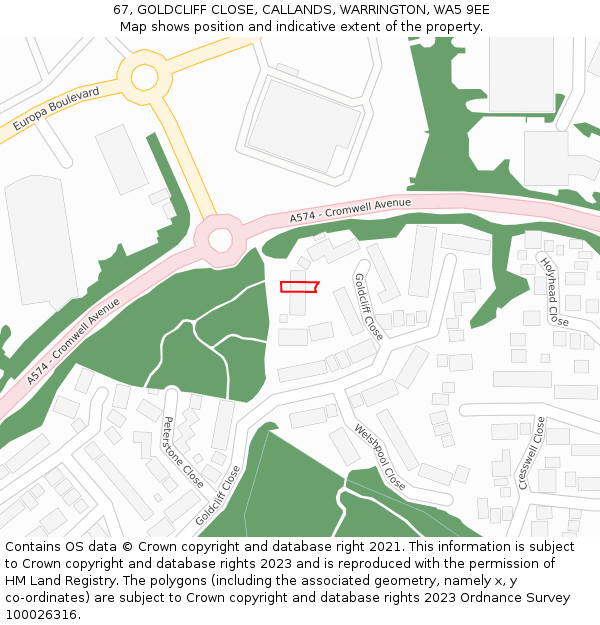 67, GOLDCLIFF CLOSE, CALLANDS, WARRINGTON, WA5 9EE: Location map and indicative extent of plot