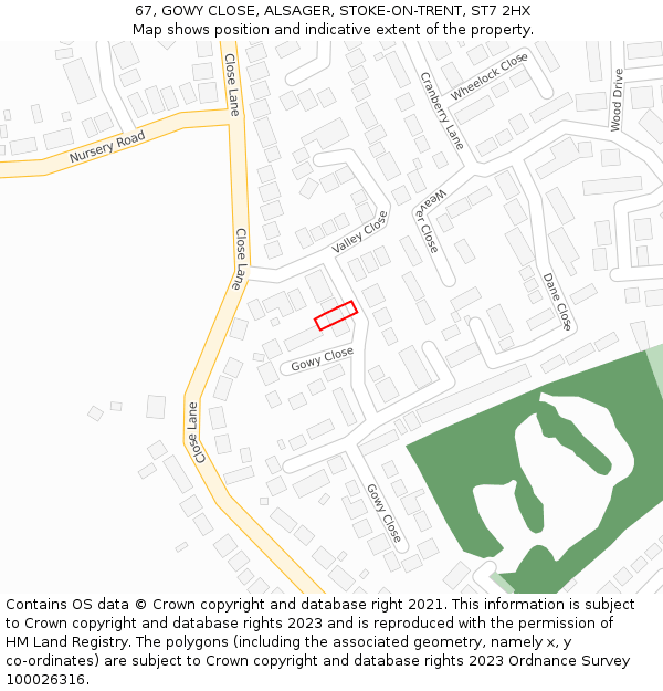 67, GOWY CLOSE, ALSAGER, STOKE-ON-TRENT, ST7 2HX: Location map and indicative extent of plot