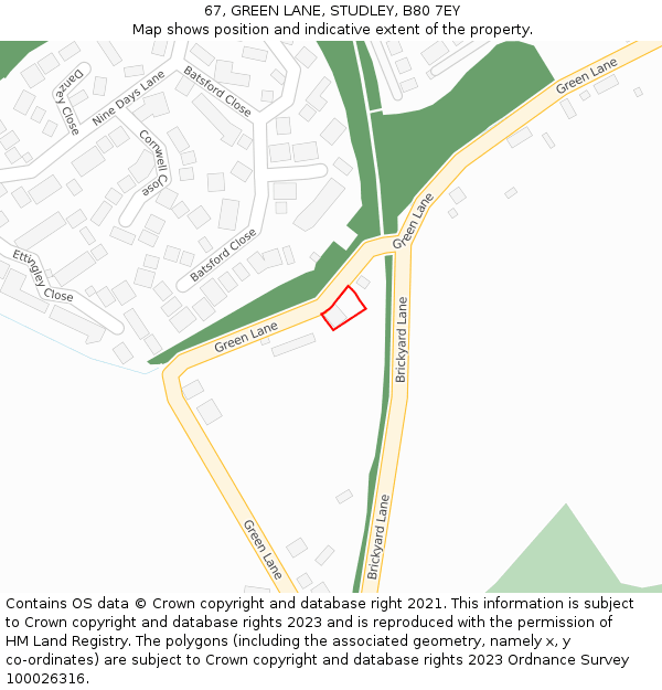 67, GREEN LANE, STUDLEY, B80 7EY: Location map and indicative extent of plot